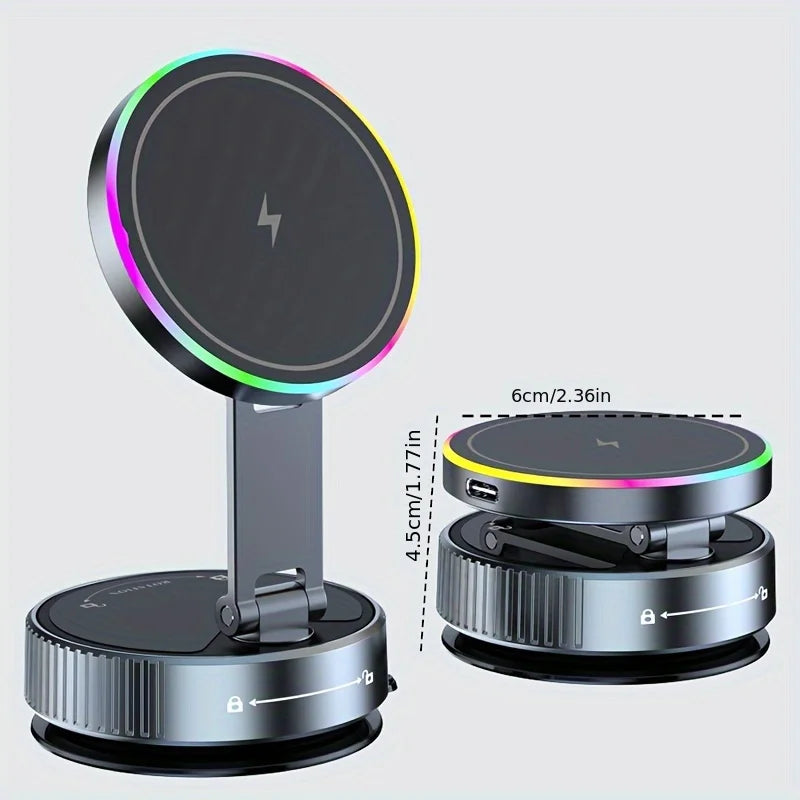 Magnetic Car Wireless Charger RGB Light Phone Holder Stand 360° Rotate Vacuum Suction Cup For Magsafe iPhone 12-16 Fast Charging