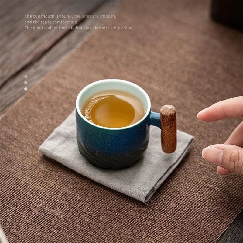 Blue Ceramic Coffee Mug Retro Wooden Handle Filter Tea Mug Office Water Cup Solid Color Gradient Glaze Coffee Cup TeaCup