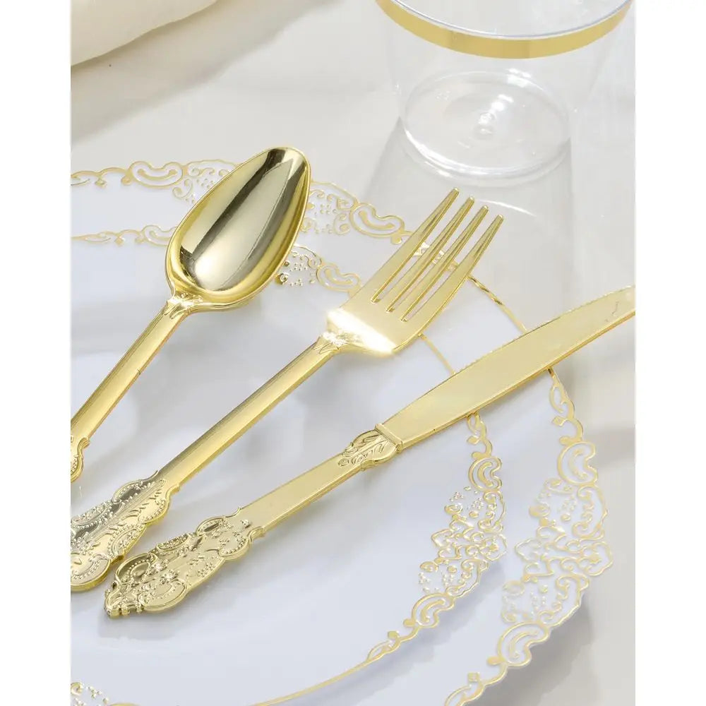 Elegant 350-Piece Gold Plastic Dinnerware Set: 100 Rimmed Plates, 150 Cutlery, 50 Napkins, 50 Cups for Parties & Weddings
