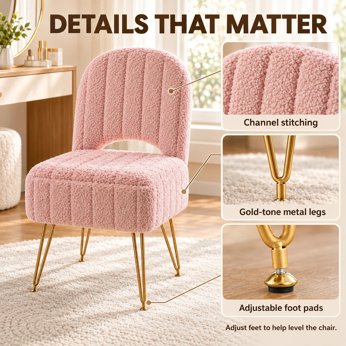 Pink Storage Vanity Chair with Adjustable Folding Backrest Memory