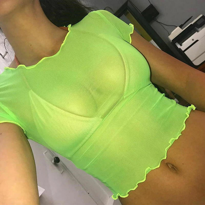 Summer Neon Color Perspective Mesh Short Top T-Shirt Bikini - Orange