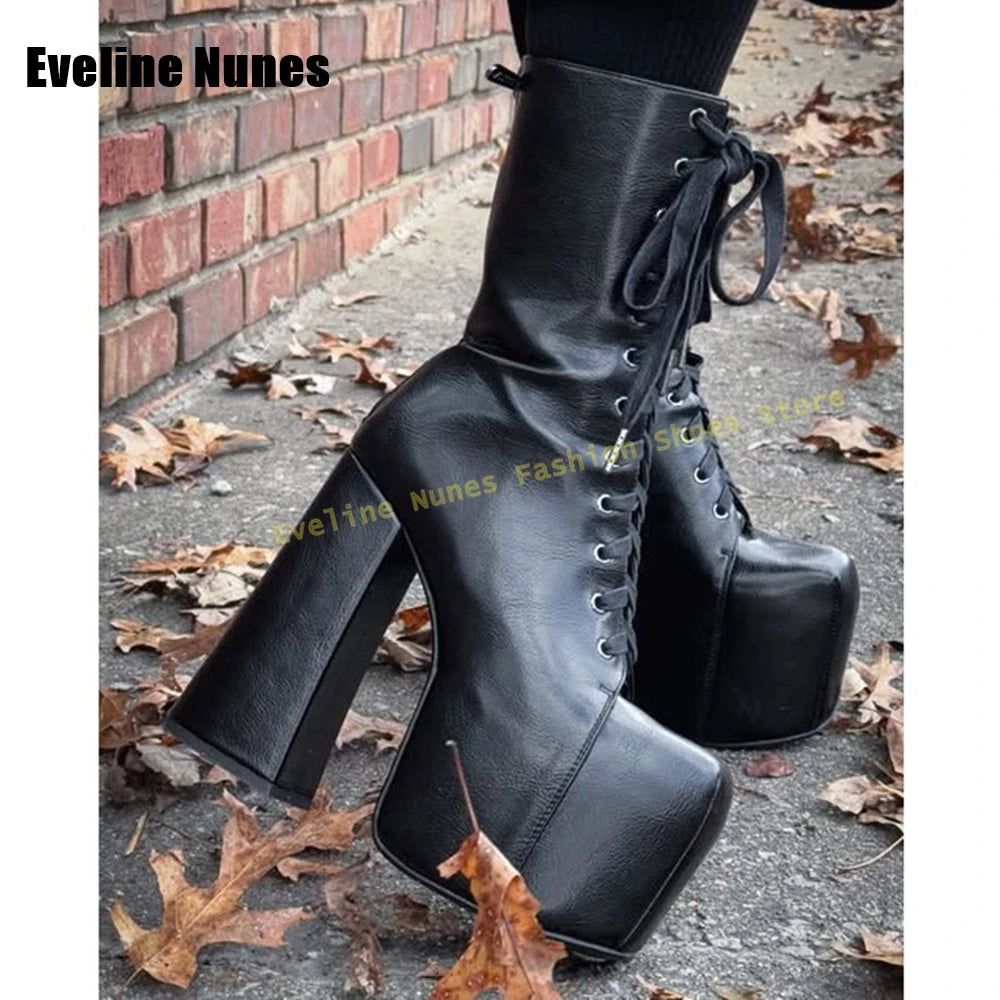 Platform Lace-Up Y2K Mid-Calf Boots Round Toe Block Heels Solid