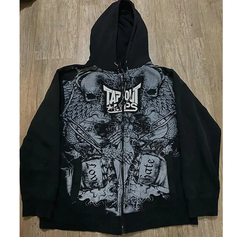 Men Blue Hip Hop Streetwear Hooded Sweatshirt Cartoon Graphic Print Oversized Casual Y2K Fashion Trendy Pullover Urban Style