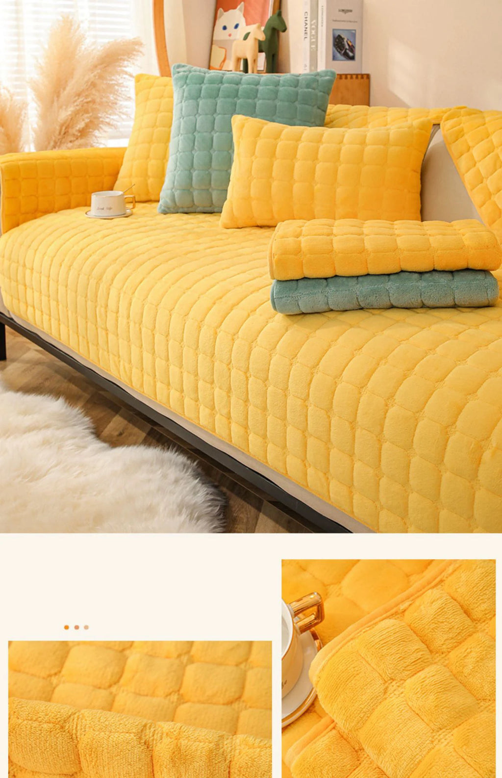 Soft Sofa Cover Thickened Solid Colour Flannel Square Quilted Sofa Cushion Warm Plush Velvet Non-Slip Universal Sofa Backrest