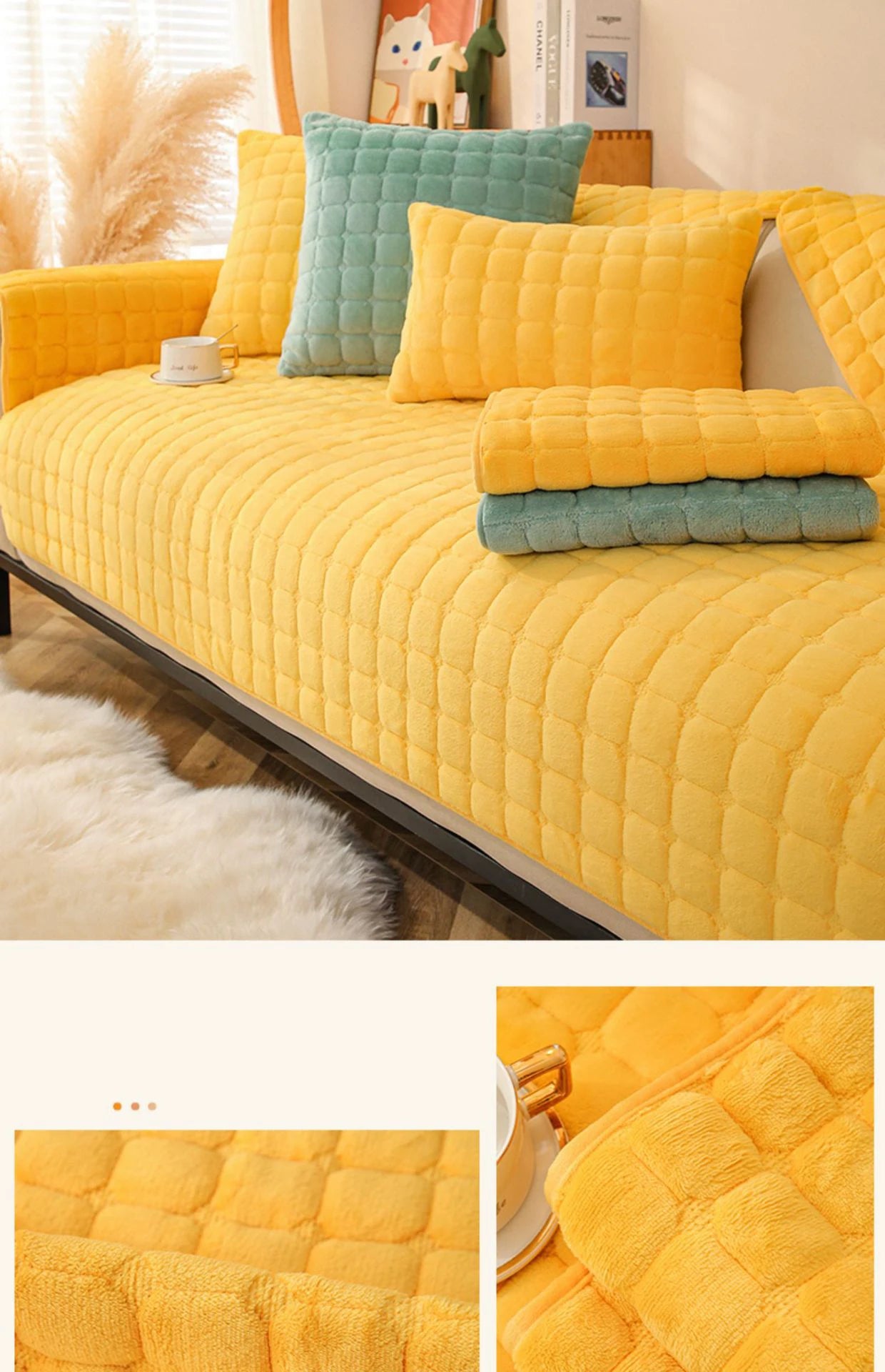 Soft Sofa Cover Thickened Solid Colour Flannel Square Quilted Sofa Cushion Warm Plush Velvet Non-Slip Universal Sofa Backrest