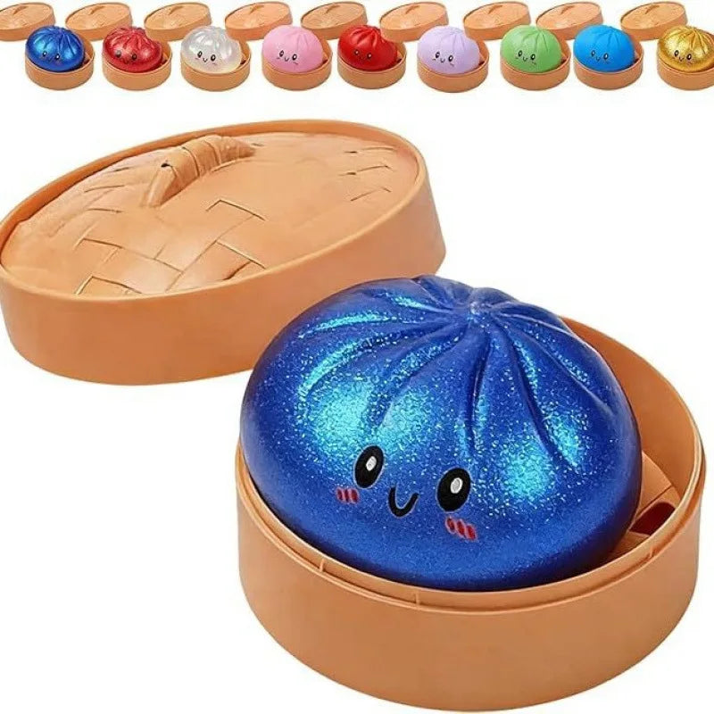 Simulation Food Dumpling Squishy Squeeze Ball Colorful Sensory Fidget Toy with Steamer for Stress Relief Home Desktop Decor Gift