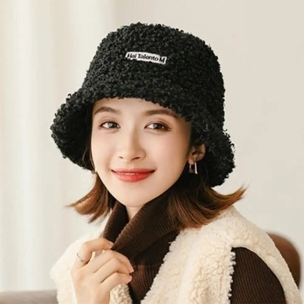 Korean Fisherman Hat Pure Color Warm Embroidered Letter Beanie Plush Light Weight Cap Unisex Casual Bucket Hat