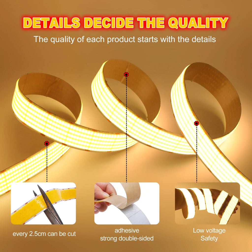 Ultra Bright COB LED Strip Lights 12V 24V 1600LEDs/M Flexible Tape Ribbon 30mm Wide Home Lamp Strip for Room Bedroom Kitchen