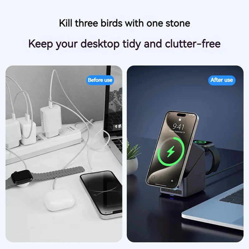 15W Electric Rotating Magnetic Wireless Charger Time Display Charging Station for iPhone 16 15 14 13 12 11 Watch AirPods Pro
