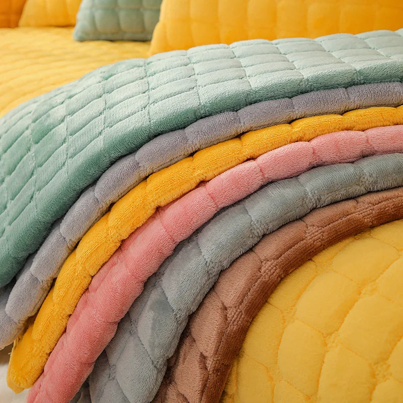 Soft Sofa Cover Thickened Solid Colour Flannel Square Quilted Sofa Cushion Warm Plush Velvet Non-Slip Universal Sofa Backrest
