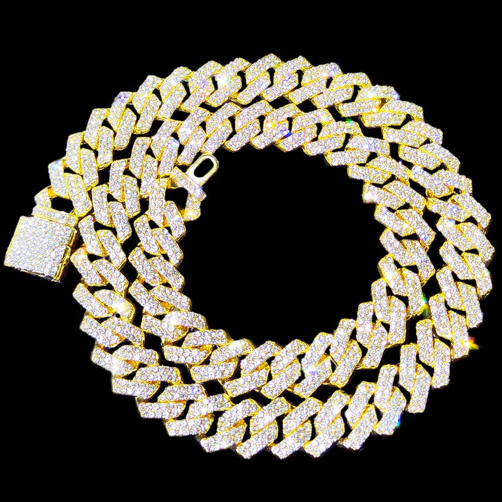 14mm Iced Out  Prong Cuban Link Chain Necklace for Men Women 2 Row Rhinestone Paved Miami Rhombus Hip Hop Jewelry Wholesale