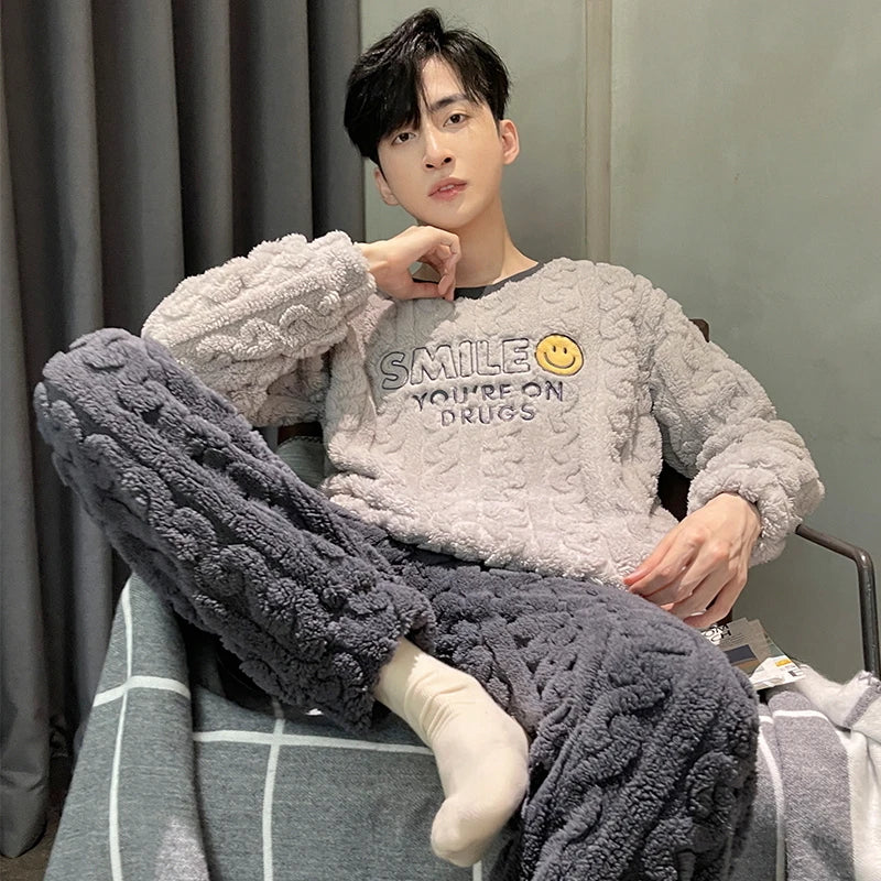Men's Winter Jacquard Weave Flannel Pajamas Set Coral Fleece Cartoon Sleepwear Homewear Thick Warm Male Suit Fall Sweatshirt 5XL