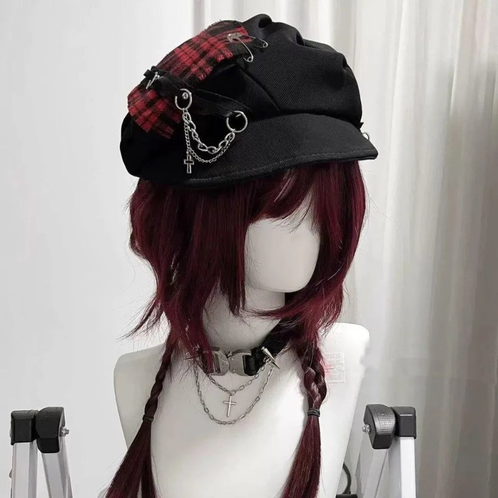 Sweet Rabbit Ears Plaid Beret Hat Irregular Thin Brim - Style A Red