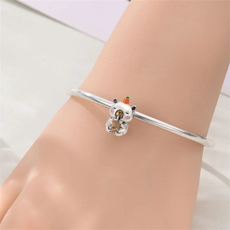 Cute Pet Series Capybara Couples Charms Eat Fruit Beads Fit DIY 925 Silver Bracelet Necklace Women Anniversary Jewelry Gift