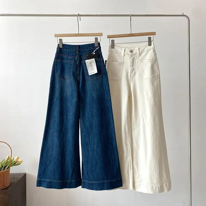 Korean Style White Denim Wide Leg Pants Women Autumn New High Waist Fashion Pockets Straight Trousers Casual Loose Denim Pants
