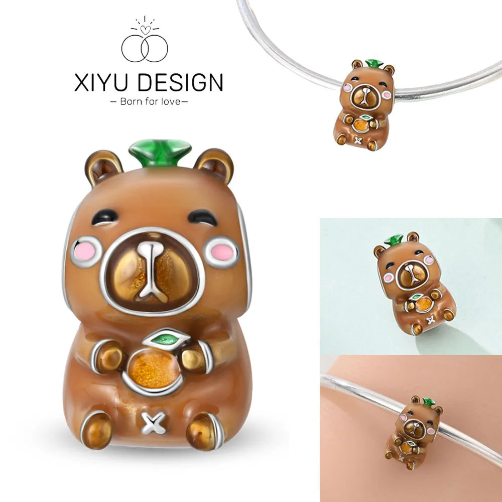 Cute Pet Series Capybara Couples Charms Eat Fruit Beads Fit DIY 925 Silver Bracelet Necklace Women Anniversary Jewelry Gift
