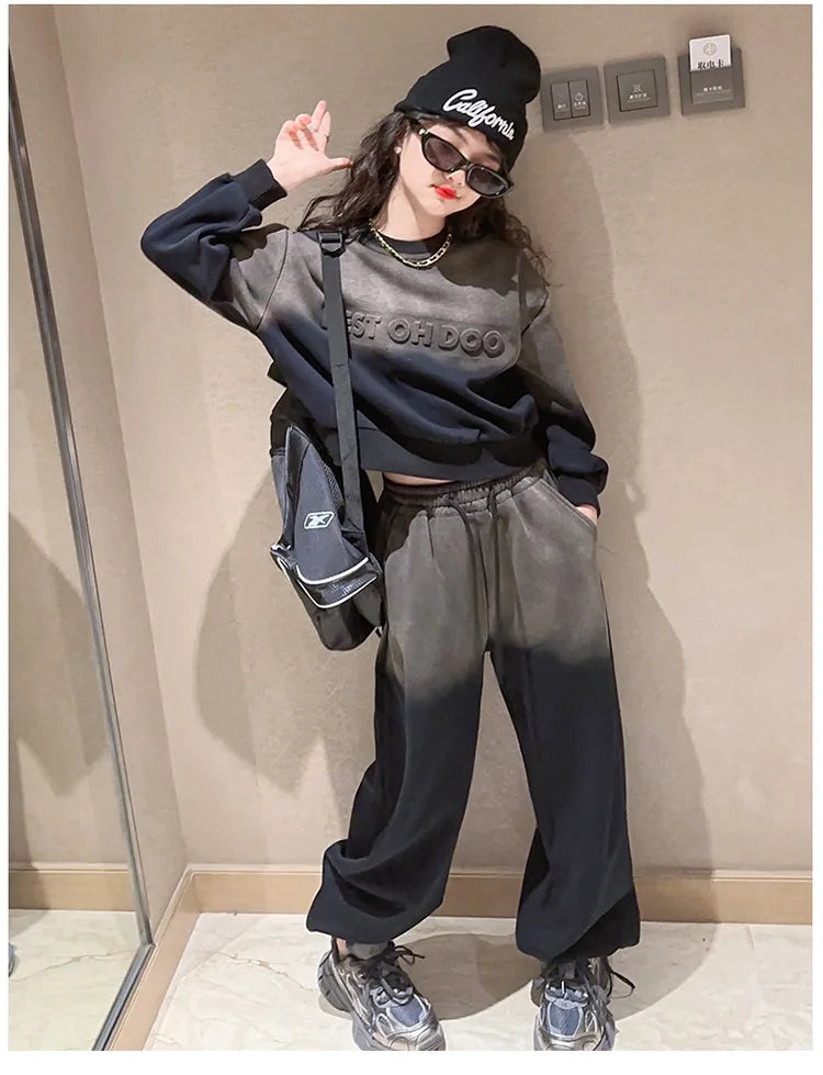 Girls Contrast Tie Dye Alphabet Sweatshirt+Drawstring Sweatpant Sets School Kids 2PCS Tracksuit Children Jogging Outfits 5-16 Yr