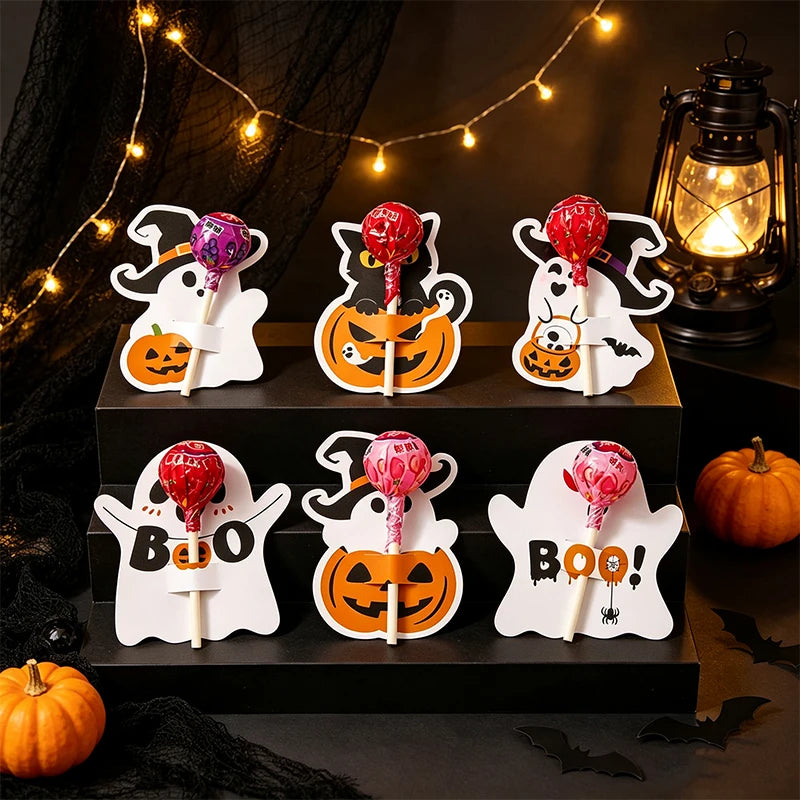 48pcs Ghost Lollipop Holder Happy Halloween Lollipop Cute Decoration Paper Card Trick Or Treat Candy Pack Halloween Party