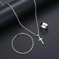 3PCSUnisex Minimalist Jewelry Set, Featuring A Fashionable Silver Cross Pendant, Twisted Rope Necklace, Bracelet, And Ring