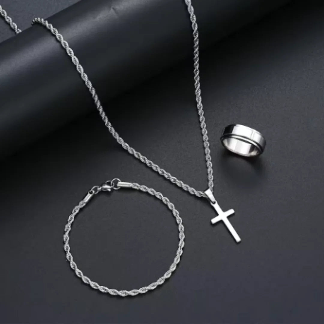 3PCSUnisex Minimalist Jewelry Set, Featuring A Fashionable Silver Cross Pendant, Twisted Rope Necklace, Bracelet, And Ring