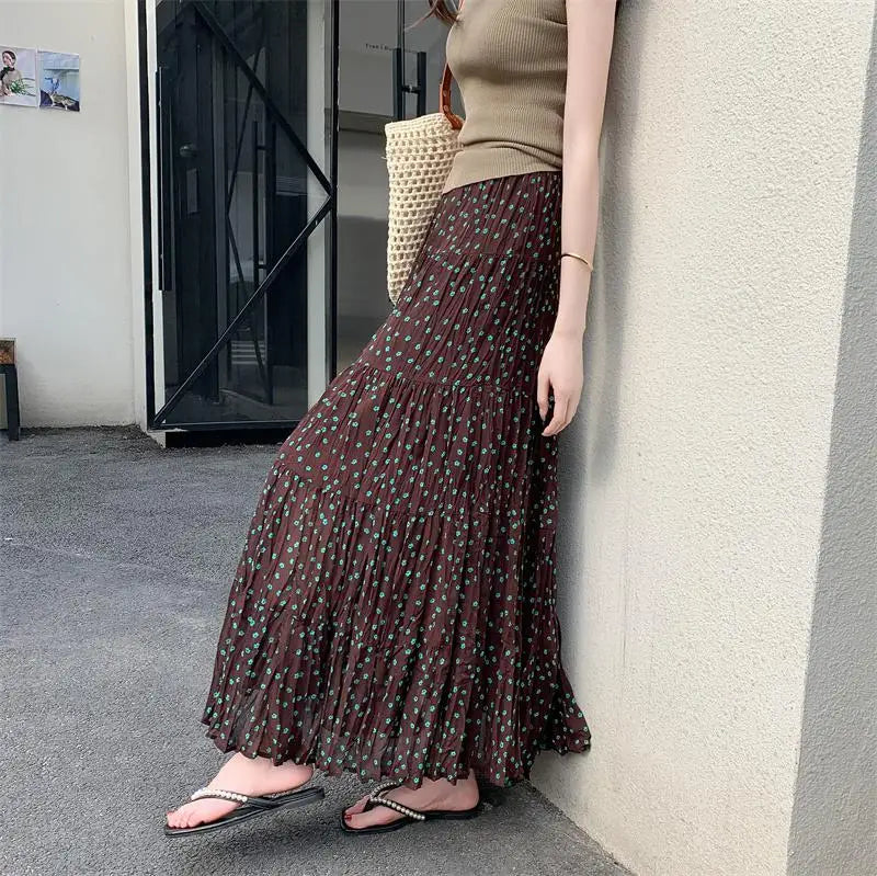 Spring Summer Korean Fashion Brown Dot High Waisted Vacation Long Skirt Women Vintage Elegant Versatile Pleated Skirt Streetwear
