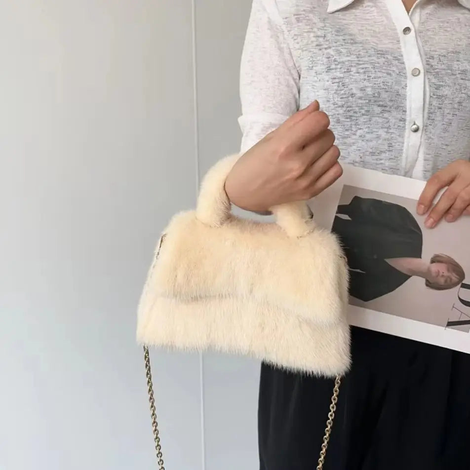 Mink Fur Small Bag for Woman Luxury Designers Handbag Women Black