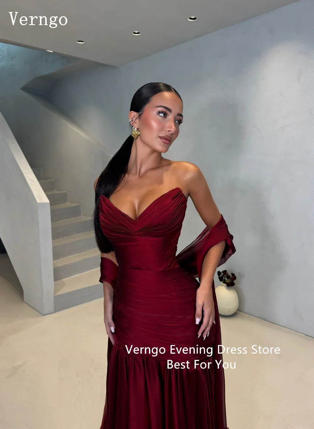 Verngo Merlot Deep Wine Red Evening Dress Draped Sweetheart Pleated Bodice Sculpts Party Dress Chiffon Shawl Prom Gowns