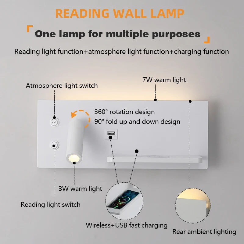 Multi Functional Wall lamp with Mobile phone Wireless charger switch USB interface Bedroom Night light LED Reading wall light