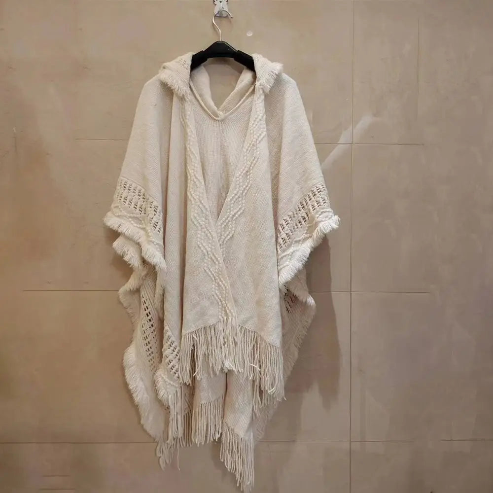 Luxury Elegant Cloak Hooded Knitted Shawl Bohemian Winter Warm Ladies Tassel Cape Oblique Stripe Wraps Scarf Coat