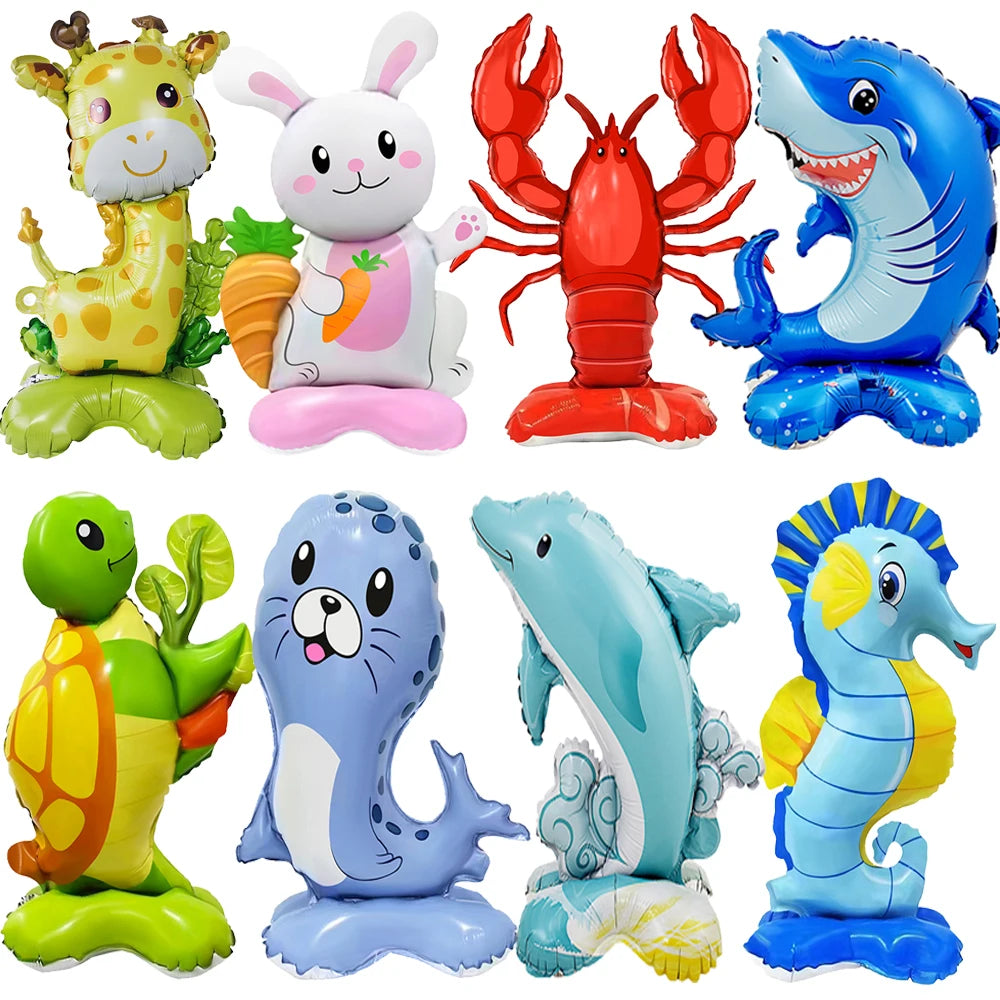 Standing Cute Animal Giraffes Seals Turtles Sharks Dolphin Bunny Foil Balloons Animal Sea Zoo Themed Birthday Party Decorations