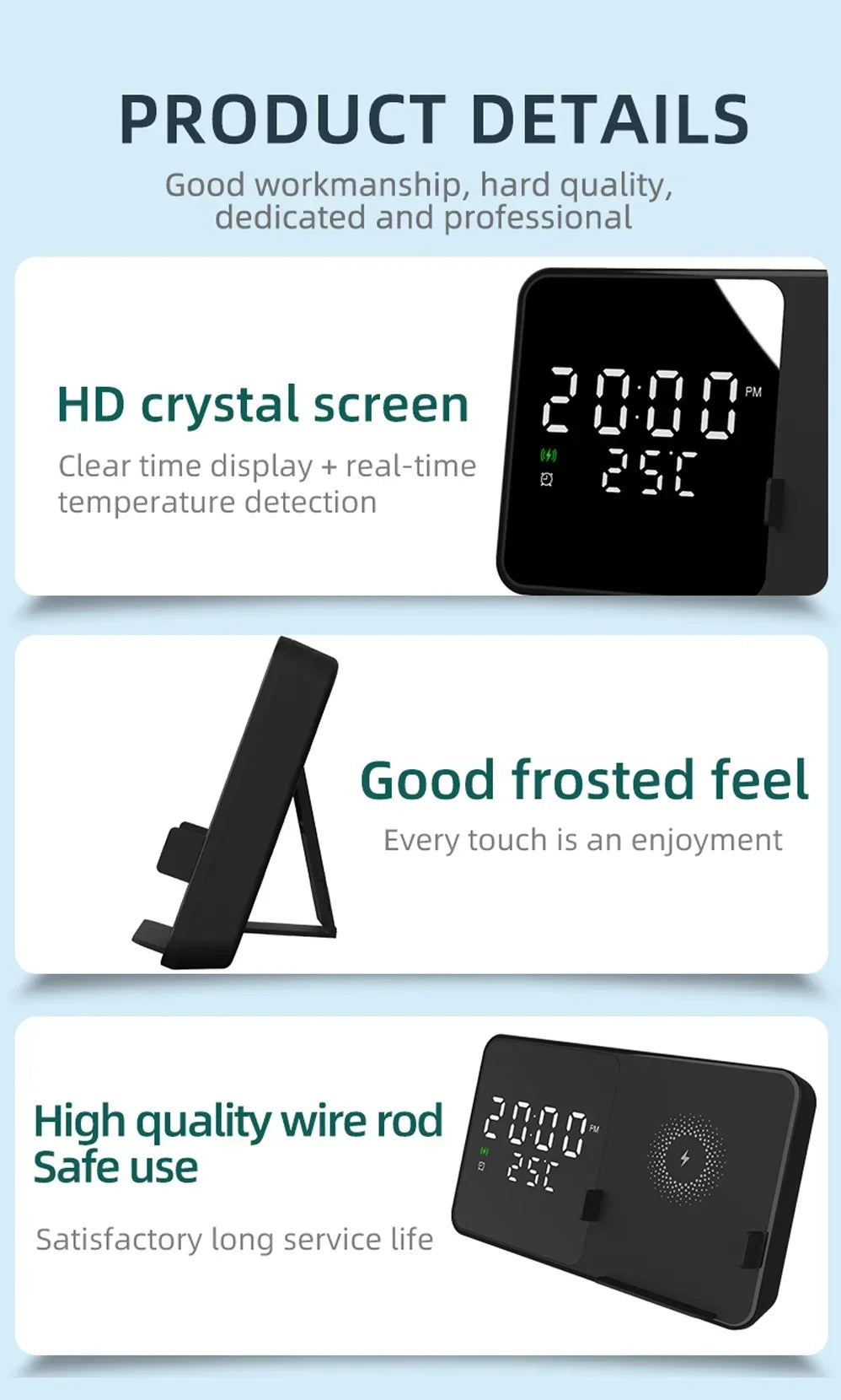 Wireless Charger Pad Stand with Alarm Clock Thermometer for iPhone 14 13 12 11 X Xiaomi Samsung 15W Phone Fast Charging Station