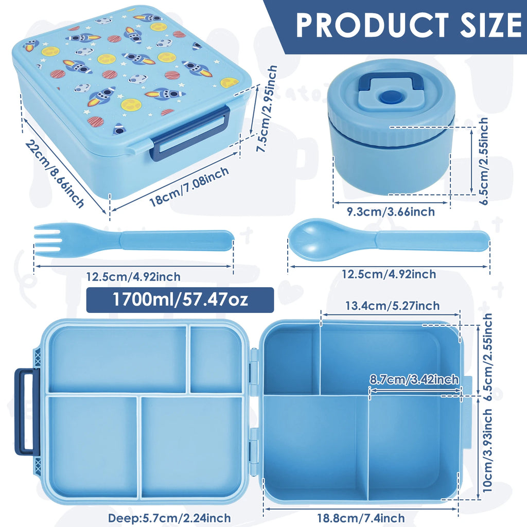 Children and adults outdoor 1700ml large capacity food meal box with four compartments leak proof design and soup can spoon fork