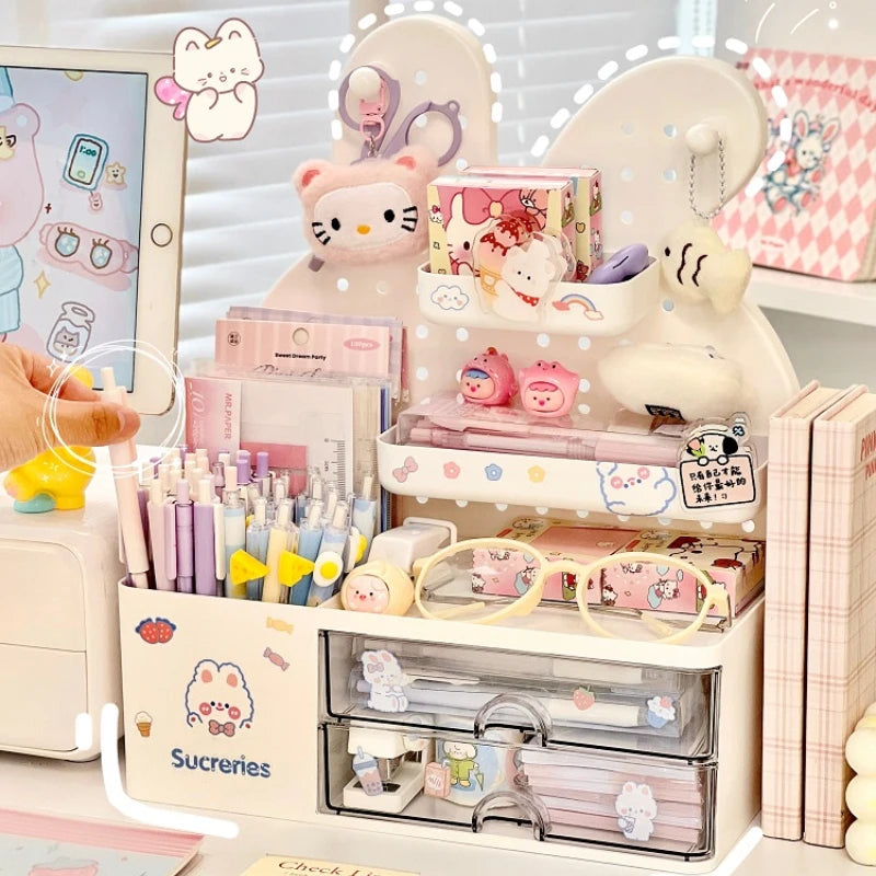Desktop Hole Board Storage Box Desk Organizer Girls Cute Pen Holder Storage Stationary Rack Korean Kawaii Bunny Cosmetic Shelf