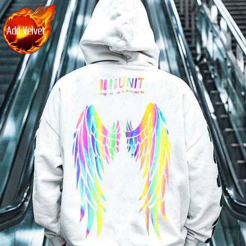 Reflective Male Hoodie Hip Hop Overfit New in No Brand Y2k Vintage Novelty and Simple 90s Tops Fleeced Men's Hooded Sweatshirt