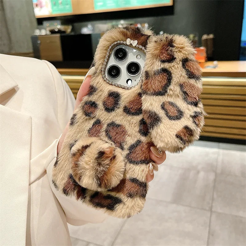 Cute Cartoon Leopard Print Bunny Fur Plush Phone Case