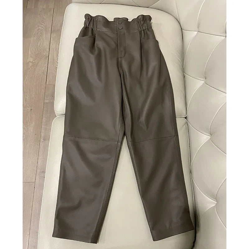 Genuine leather pants women winter 2025 new fashion elastic high waist pants women harem pants casual trouser female