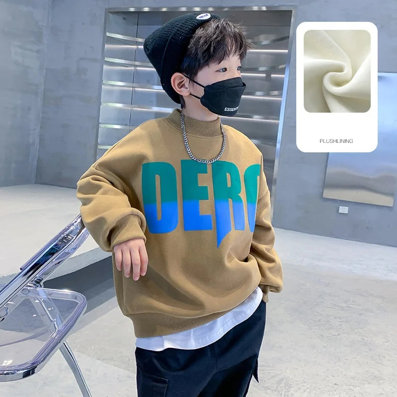 Winter Boys Warm Fleece Lined Half Turtleneck Alphabet Sweatshirt School Kids Track Pullover Coat Tops Child Work Jumper 3-16Yrs