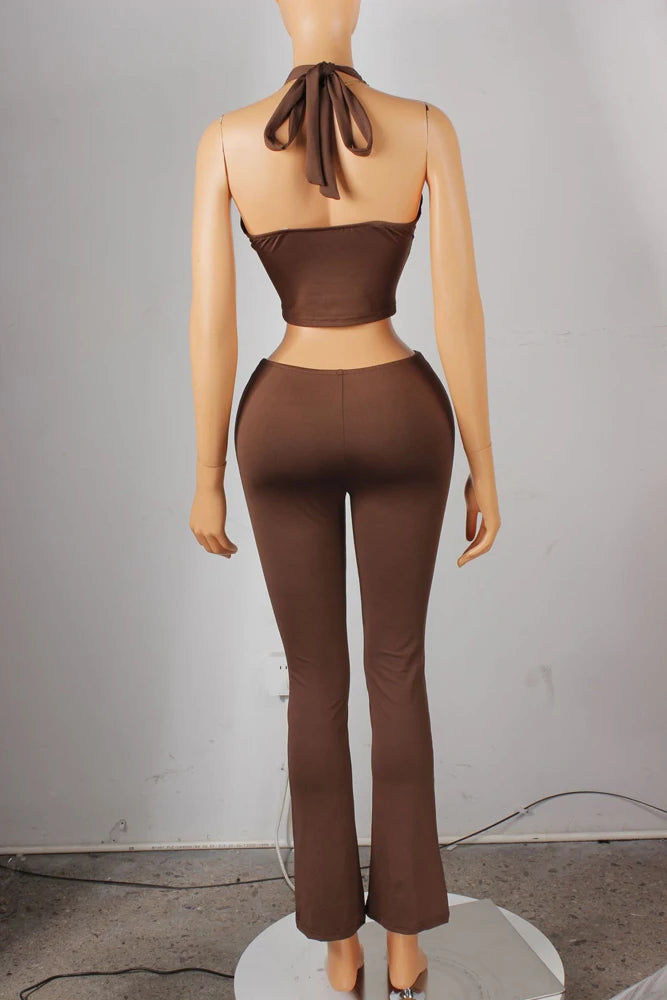 Y2K Street Fashion Loungewear Woman Sets Studded Halter Neck - Black