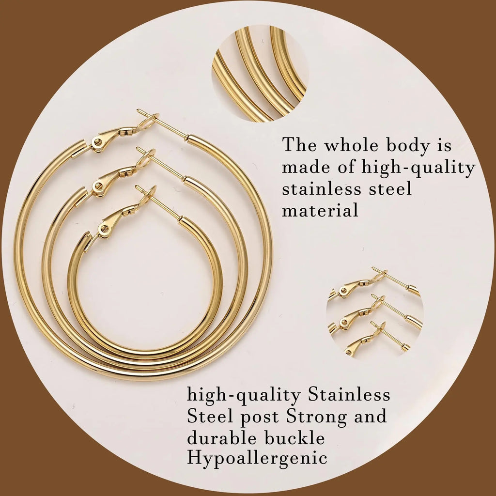 3 Pairs Hyperbole Big Gold Color Metal Hoop Earrings