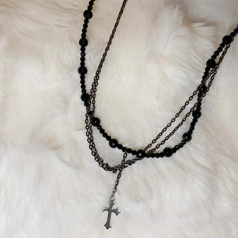 Gothic Punk Y2K Black Crystal Cross Pendant Necklace for Women