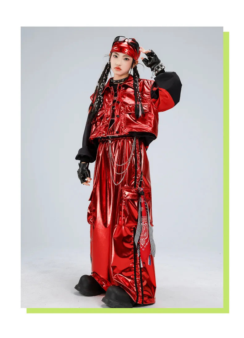 Boys Hip Hop Sweatshirt Shiny Vest Street Dance Cargo Pants Girls K-pop Clothes Set Kids Jazz Red Costumes Children Streetwear