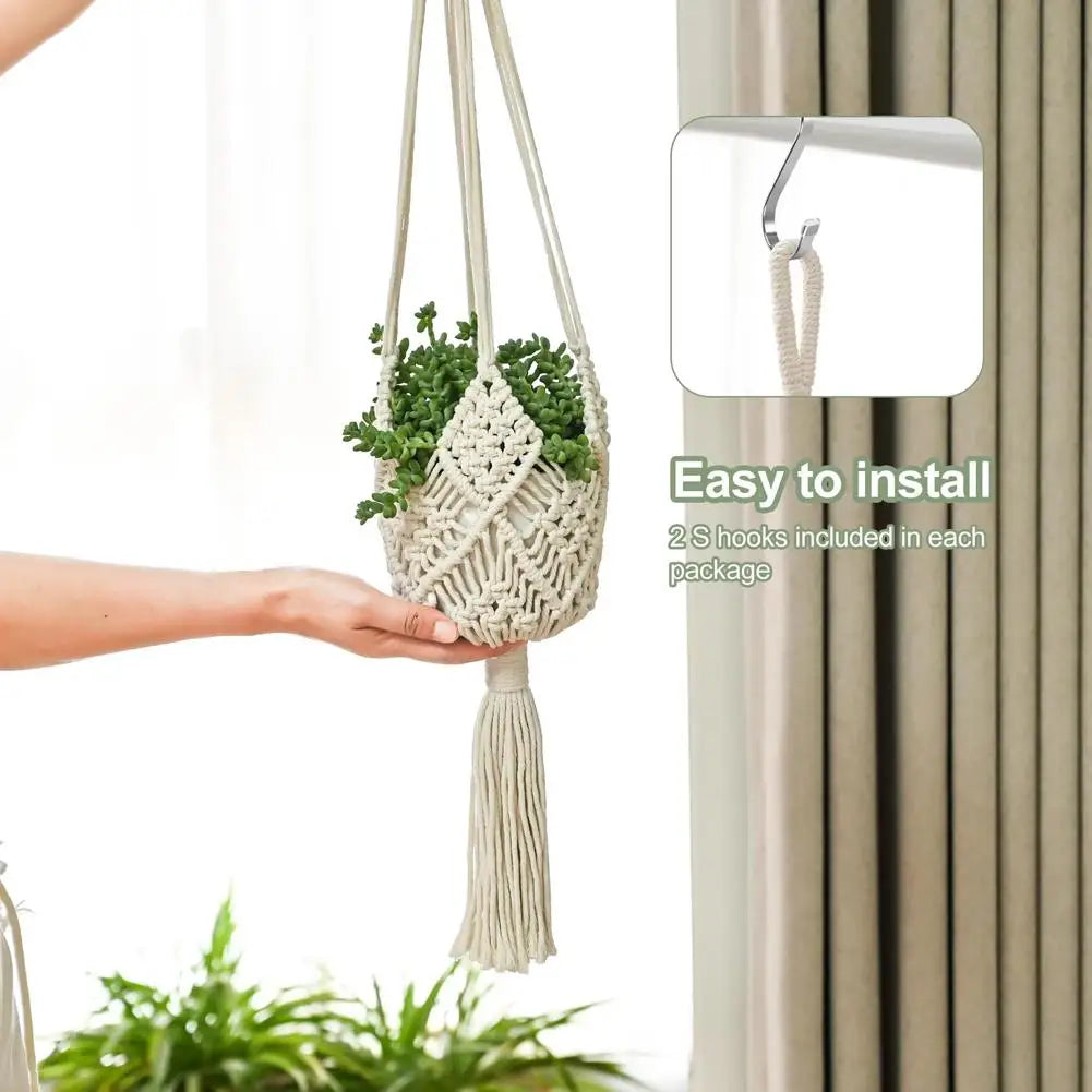 Macrame Plant Hanger Handmade Cotton Rope Hanging Basket Boho Style Planter Holder for Indoor & Outdoor Home Decor