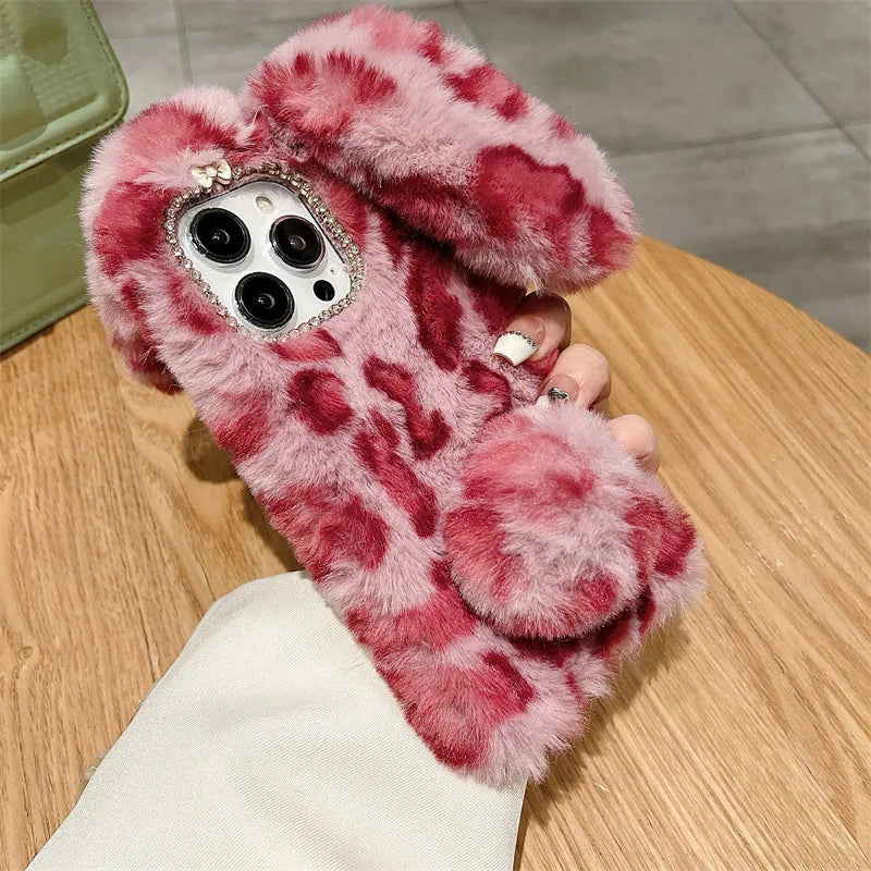 Cute Cartoon Leopard Print Bunny Fur Plush Phone Case For iPhone 17 Air 16 13 12 11 Pro Max XS XR X 7 8 Plus Shockproof Cover