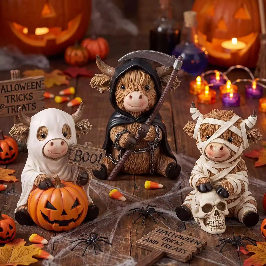 3 Halloween Highland Cow Statues, Cute Ghost Decorations, Hooded and Mummy Cow Statues with Pumpkin Decorations, for Layered Trays, Shelves, Tabletops, and Fireplace Decorations