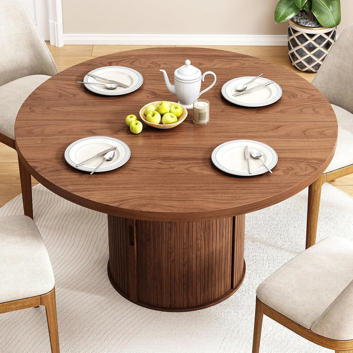 47-Inch Round Walnut Dining Table With Storage