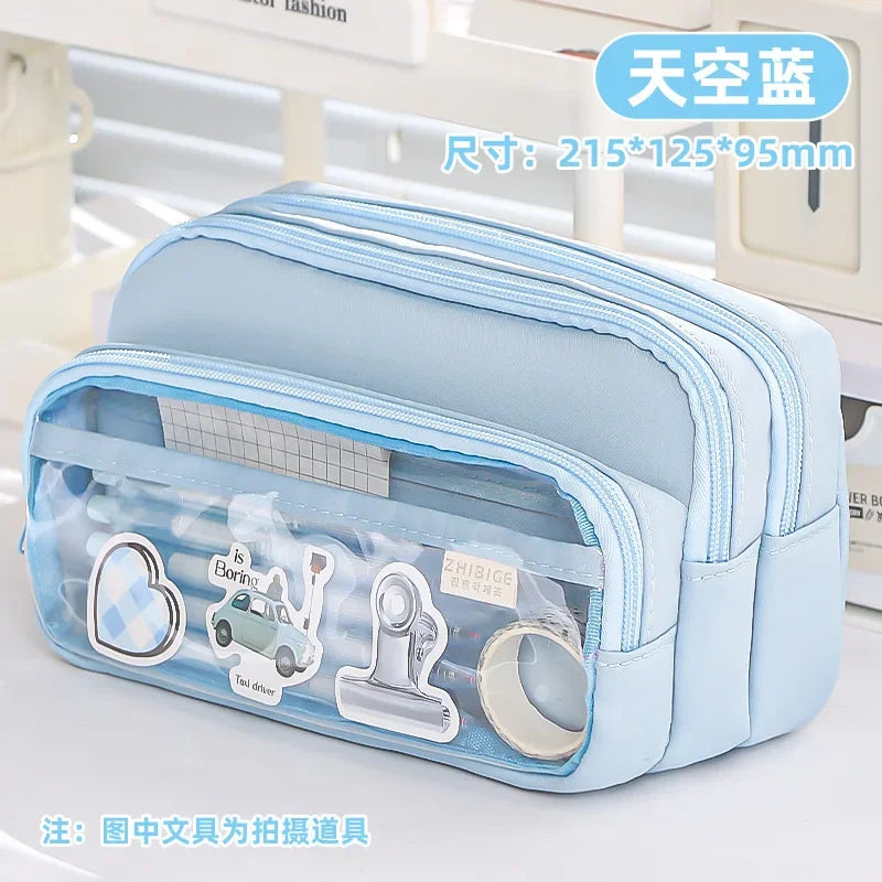 Kawaii Pencil Bag Large Capacity 3 Compartments Pencil Case Pen Pouch Desk Organizer School Supplies Cute Korean Stationery