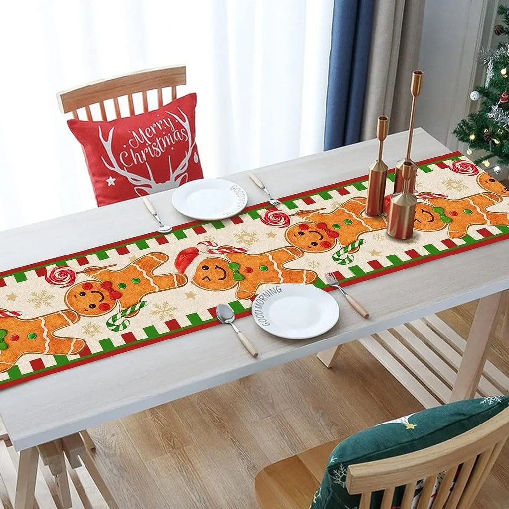Christmas Gingerbread Man Linen Table Runners Kitchen Table Decor Xmas Santa Snowflake Dining Table Runners Christmas Decoration