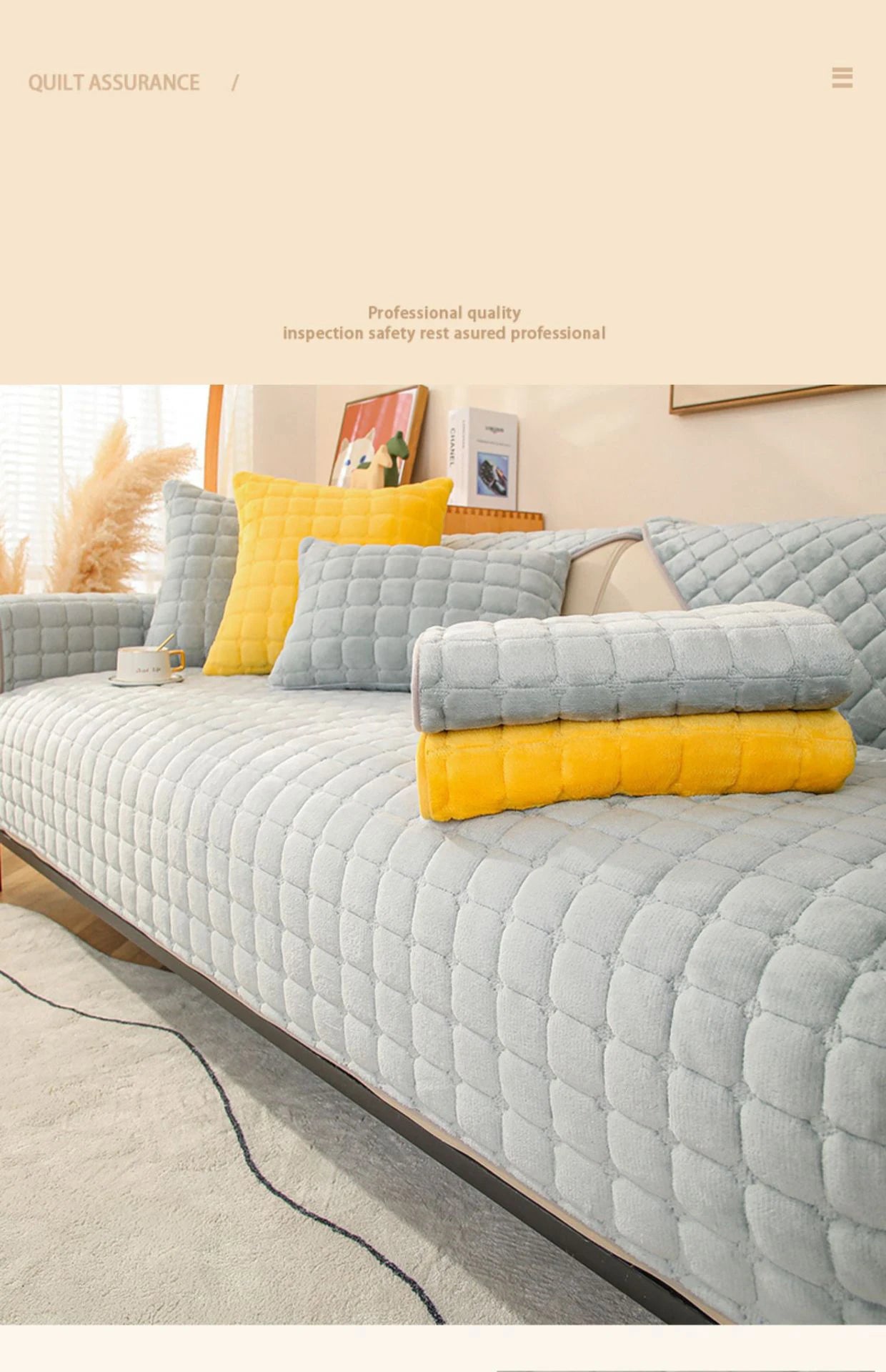 Soft Sofa Cover Thickened Solid Colour Flannel Square Quilted Sofa Cushion Warm Plush Velvet Non-Slip Universal Sofa Backrest