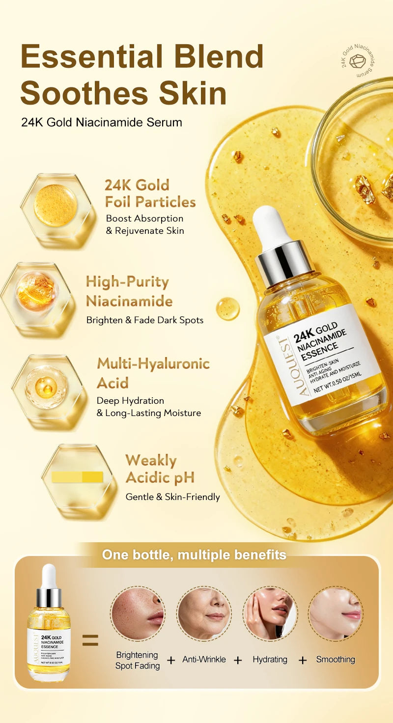 AUQUEST Niacinamide Face Serum Whitening Dark Spot Remover 24K Gold Serum Hyaluronic Acid Anit-Wrinkle Facial Serum Skin Care