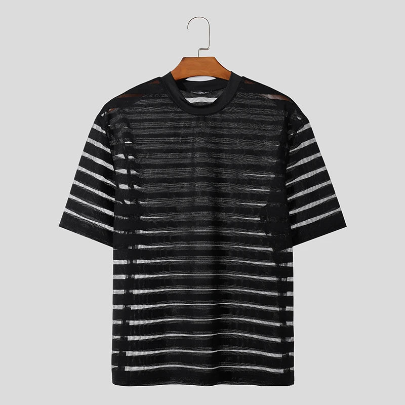 2023 Men T Shirt Mesh Striped O-Neck Short Sleeve Transparent Men
